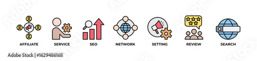 Affiliate Network Solutions Icons set vector illustration color with Affiliate, Service,  Seo, Network, Setting, Review, Search