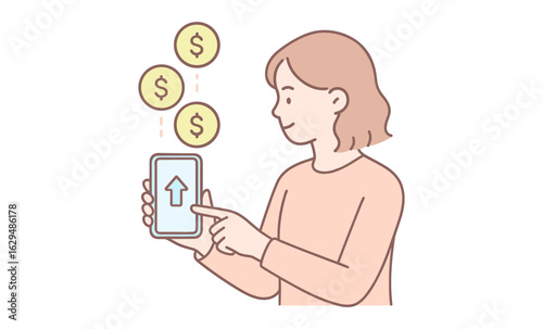 Woman using mobile app for online payments with dollar icons