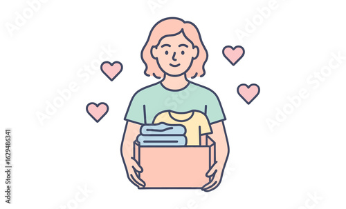 Woman donating clothes with love symbols in a simple flat design