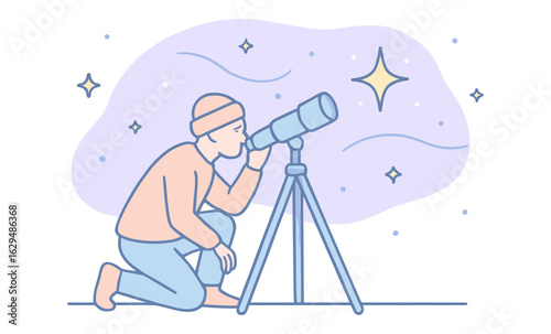 Person stargazing with telescope in minimalist pastel design