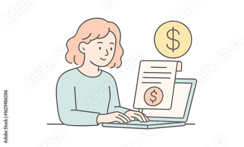 Woman using laptop for online payment with invoice and dollar icon in minimalist style