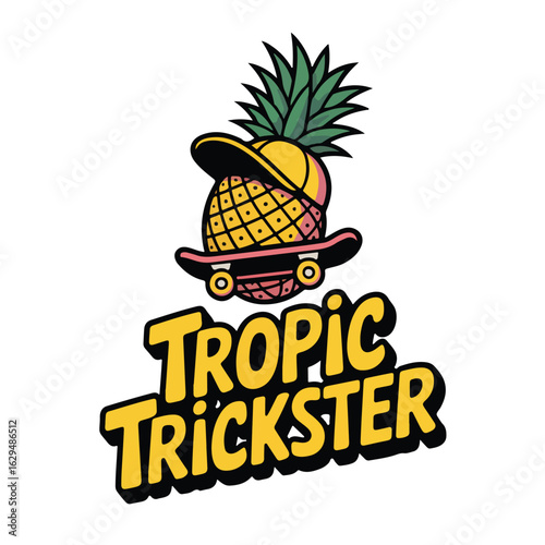 Pineapple with cap on skateboard above tropic trickster text art tshirt design