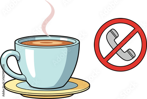 Cartoon Illustration of a Hot Drink with No Phone Use Sign.