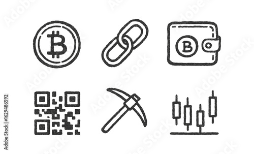 Cryptocurrency doodle set featuring bitcoin, blockchain, wallet, and more