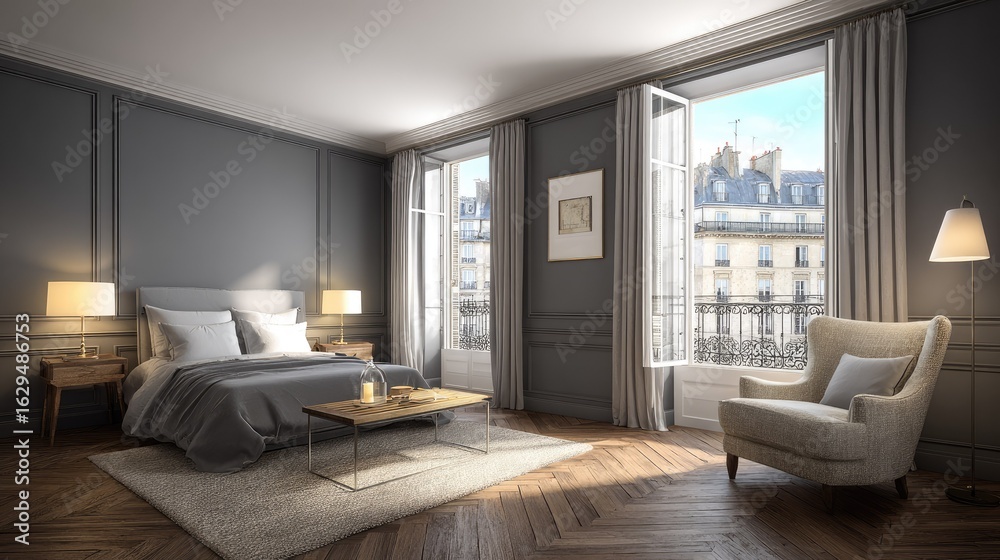 A sophisticated bedroom interior design, showcasing a classic style. A sophisticated bedroom interior design, showcasing a classic style.