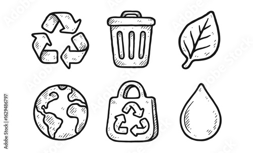 Hand drawn recycling icons set: leaf, earth, bin, bag, drop