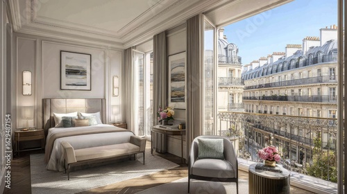 Parisian style bedroom with a stunning city view.