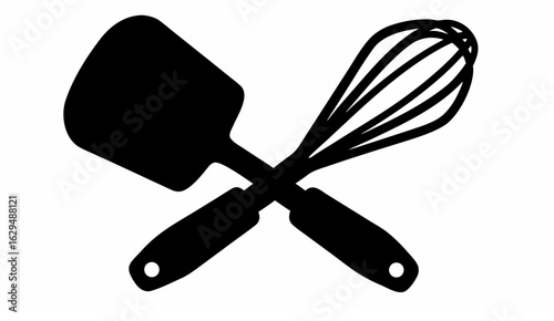 Illustration of a spatula and a whisk crossed over each other in a black silhouette on a white background
