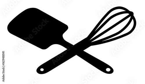 Illustration of a spatula and whisk crossed diagonally in black silhouette on a white background design element