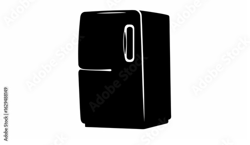 A simple black and white illustration of a refrigerator with a handle and two separate compartments silhouette