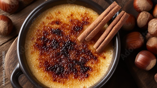 The Spanish custard dessert, crema catalana, is captured in a close-up, sitting in a rustic bowl with cinnamon sticks placed beside it