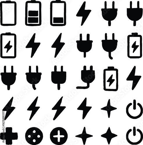 Hand Drawn Energy Icons Batteries Lightning Bolts Power Plugs and Geometric Shapes