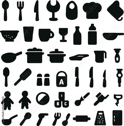 Monochrome Silhouette Illustration of Kitchen Utensils Toys and Household Objects