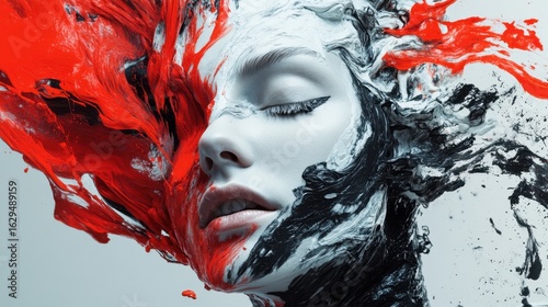 Abstract art portrait of young female with colorful paint splashes