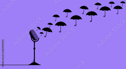 A black silhouette of a vintage microphone on a stand broadcasting a stream of floating umbrellas of various sizes.