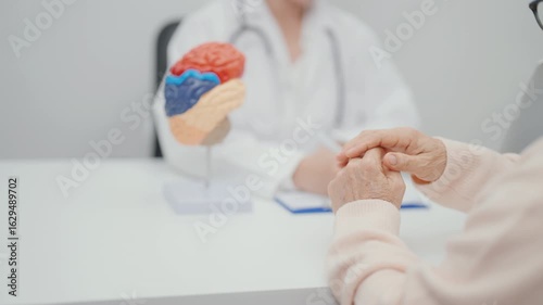 Elderly Patient consulting Doctor to Brain disease, Senior Health Medical Diagnosis. Anatomy Brain model for Explanation, Brain Tumor, neurological disorders, Dementia, alzheimer, parkinson and Mental