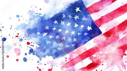 Abstract watercolor american flag with red and blue paint splatters. Independence Day