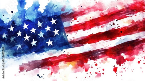 Abstract watercolor american flag with stars and stripes in vibrant red, white, and blue. Independence Day