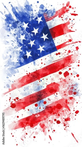 Artistic watercolor of usa flag with stars and stripes in red, white, and blue. Independence Day