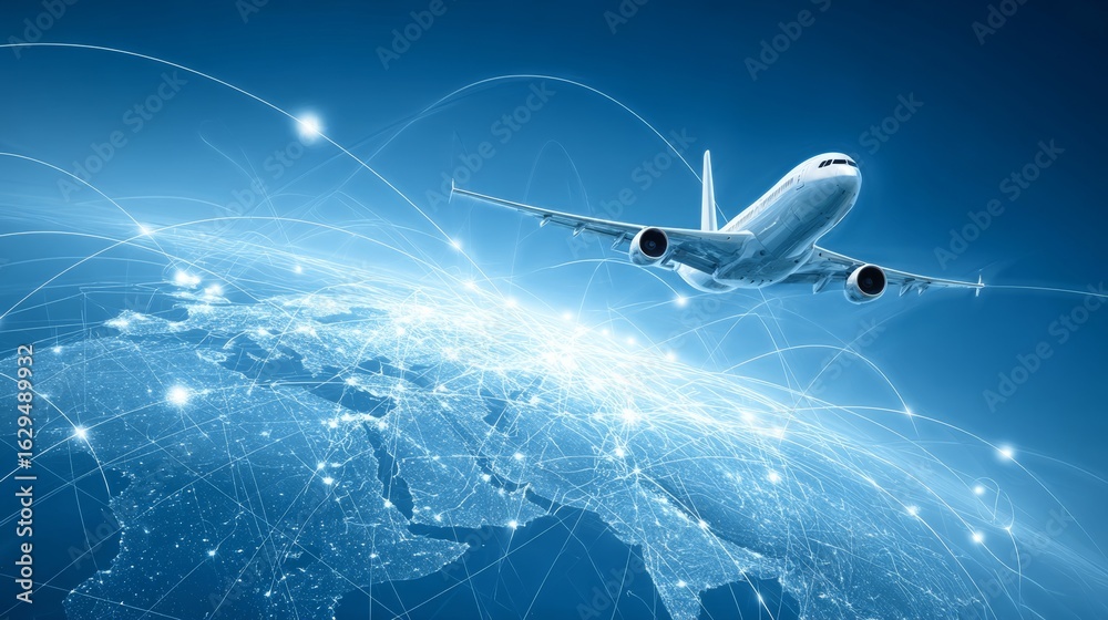 Fototapeta premium Network connections are visible on a world map as an airplane flies overhead