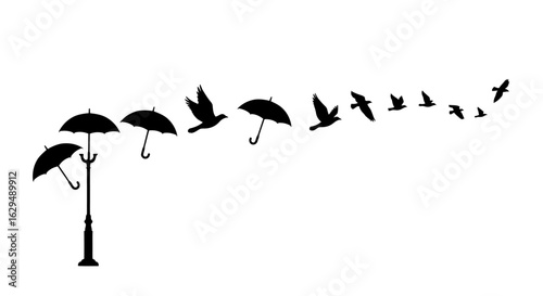 Black silhouette of umbrellas on a lamppost transforming into a flock of birds flying away.