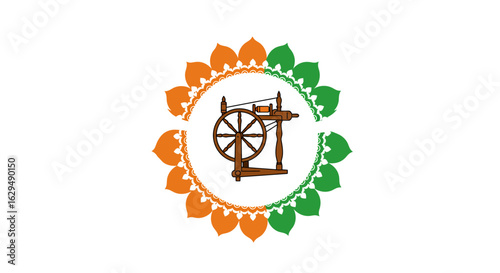 Detailed Illustration of a Wooden Spinning Wheel, Indian Symbol