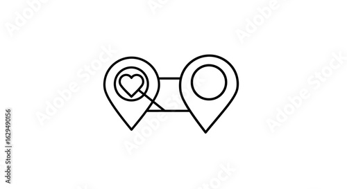 Connected Locations with Heart Icon, Black Outline Style, Vector Design