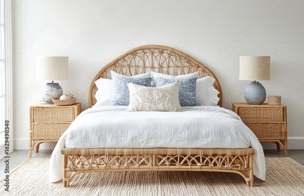 Obraz premium Rattan Bed With Wicker Nightstands Lamps Blue Pillows on White Bedding Near Wall