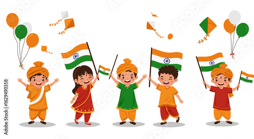 Happy Indian Children in Traditional Attire Celebrating with Flags and Smiles