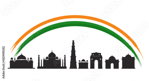 Iconic Indian Landmarks Silhouette with Vibrant Flag Colors Arch