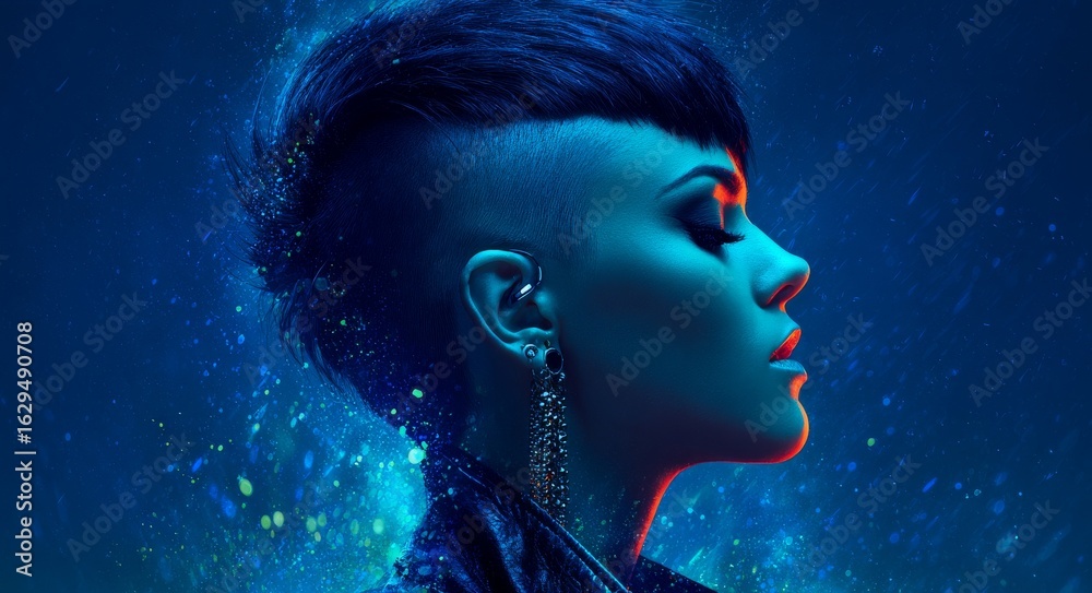 The portrait features a female cyborg with advanced makeup and hair adornments The portrait features a female cyborg with advanced makeup and hair adornments