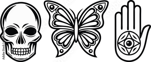 Three iconic black and white tattoo designs featuring a skull a butterfly and an all seeing eye on a hand