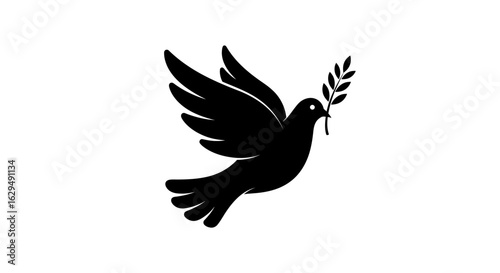 Silhouette of a black dove carrying an olive branch in its beak.