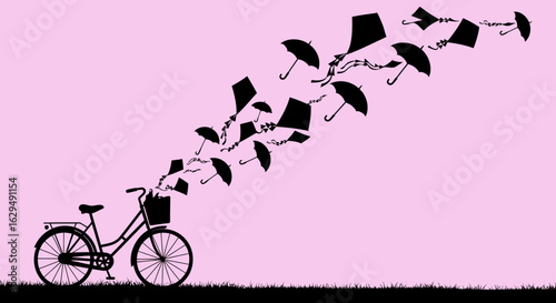 Silhouette of a Bicycle with Kites and Umbrellas Ascending from Basket
