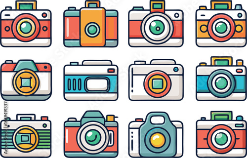 Assortment of colorful flat design icons of vintage and modern cameras photography photo
