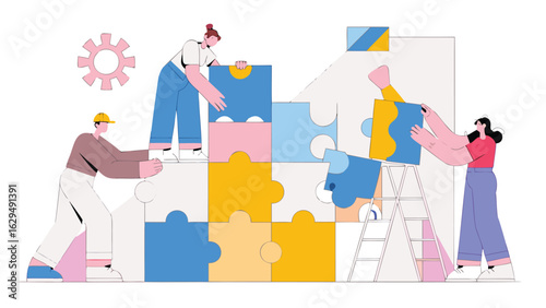 People collaborate to build a puzzle together using a ladder and a gear is visible nearby the team