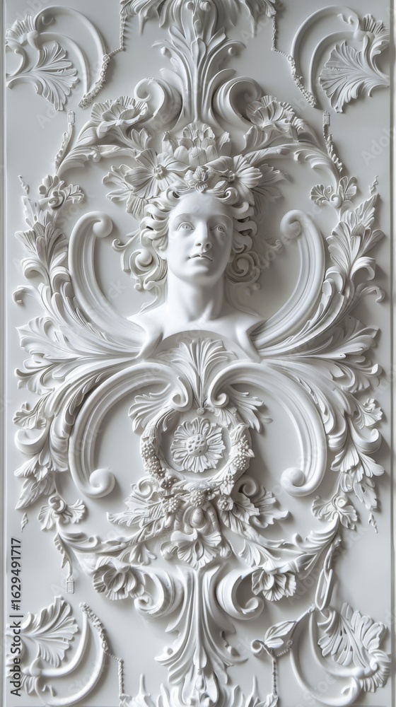 Fototapeta premium Baroque plaster relief with ornate floral patterns and human figure