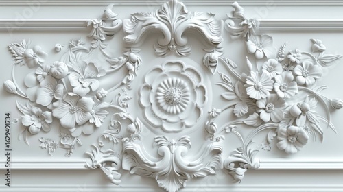 Ornate floral wall panel with intricate flower and leaf carvings in white relief art