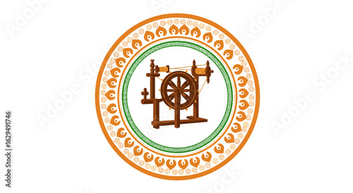 Traditional wooden Charkha spinning wheel inside an ornate, circular Indian folk art frame.