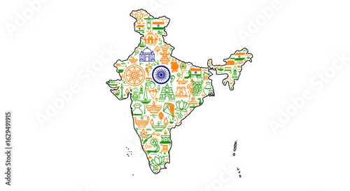 Vibrant India map outline filled with diverse cultural icons and national symbols