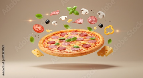 Levitating Pizza with Floating Ingredients in Minimal Futuristic Style