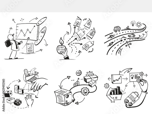 Business concept doodles with charts arrows and people in black and white drawing sketch