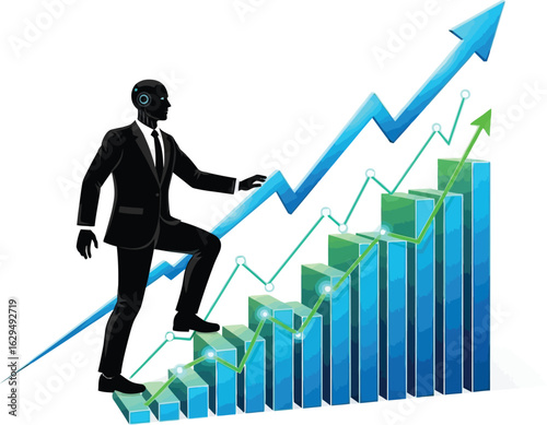 Businessman climbing stairs with upward growth chart