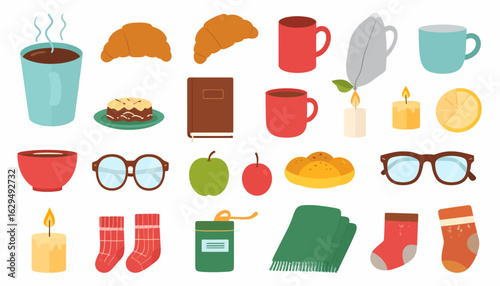 A charming collection of cozy items representing the hygge lifestyle for autumn and winter comfort.