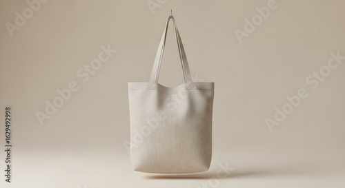 Tote bag mockup, hung, natural neutral colors (beige) and isolated on photoshoot clear background