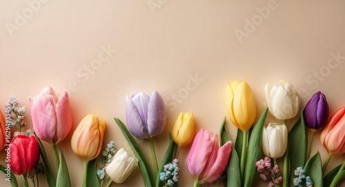 Flowers, Bloom, Blossom, Spring Tulips on Beige Background' can be considered a creative expression