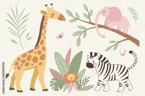 Vector art of adorable safari animals including a giraffe zebra and elephant enjoying a tropical jungle setting with leaves and plants