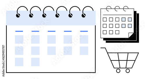 Spiral-bound calendar with highlighted days, overlapping stack of schedules, and shopping cart icon. Ideal for planning, scheduling, reminders, e-commerce, organization, shopping simple flat