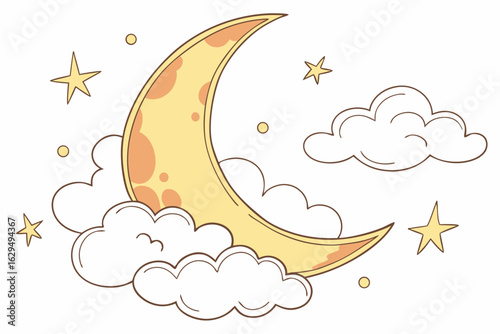 Vector art of a dreamy crescent moon surrounded by fluffy clouds and twinkling stars creates a whimsical celestial scene perfect for children