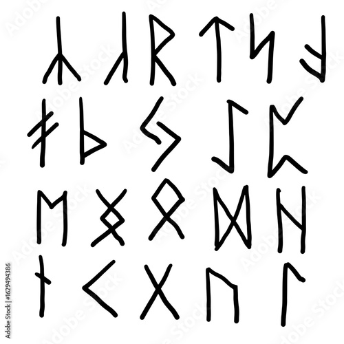 Rune signs and glyphs, black and white sketch drawing. Vector illustration. A simple drawing, Slavic and Scandinavian amulet symbols, is isolated on a white background.